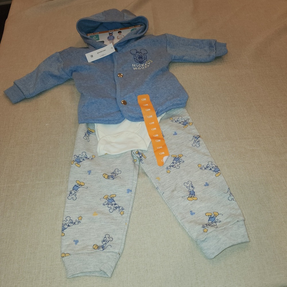 Disney Baby Mickey Mouse‎ 3-Piece Outfit Set Hoodie Joggers Bodysuit 12M NWT